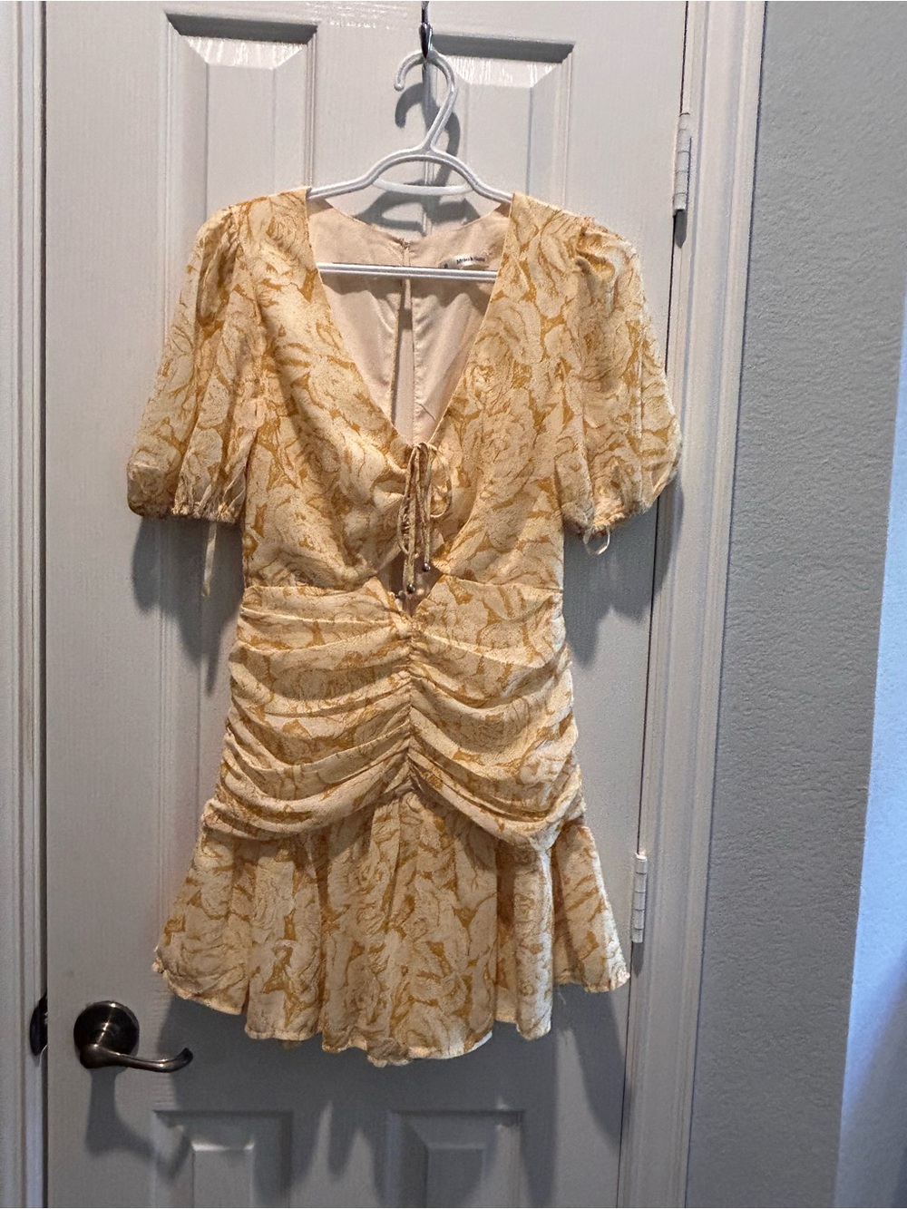Yellow Floral Ruched Tie-Front Mini Dress